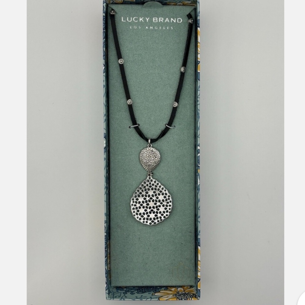Lucky Brand Los Angeles Silver Tone Pendant Necklace on Black Cord NIB